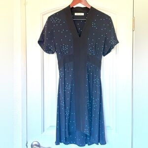 Geren Ford Navy Silk Midi Dress with Teal Dot Print + Black Trim Size S
